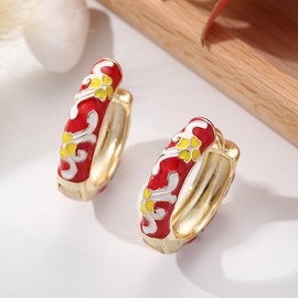 Vintage Enamel Huggie Hoop Earrings for Women Elegant Enamel Flower Hoop Earrings Dainty Colorful Flower Hoop Earring Trendy Huggie Hoop Earring Jewelry for Women, Large, Metal Copper, No Gemstone