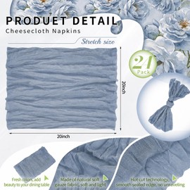 24 Pack Dusty Blue Cheesecloth Napkins 20"x20" Rustic Gauze Napkin Cheese Cloth Napkins Bulk Boho Washable Dinner Table Napkins for Wedding Party Bridal Baby Shower Birthday Decor