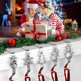 Stocking Holders for Mantle, Set of 5 Christmas Stocking Holders for Fireplace, Stocking Hangers for Mantel, Snowflake Reindeer Tree Santa Stocking Hooks for Christmas Mantel Decoration, Silver
