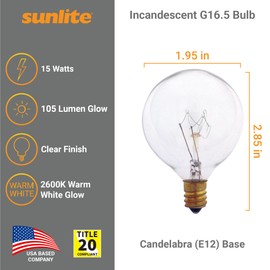 Sunlite G16.5 Incandescent Clear Globe Light Bulb, 15 Watts, 105 Lumens, 120 Volts, Candelabra E12 Screw Base, Title-20 Compliant, 2600K Warm White, 12 Pack