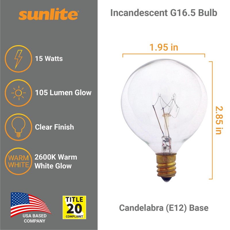 Sunlite G16.5 Incandescent Clear Globe Light Bulb, 15 Watts, 105