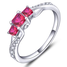 YL Women's Sterling Silver Clear Created Ruby 3-stone Princess Cut Wedding Rings for Engagement Jewelry-size7
