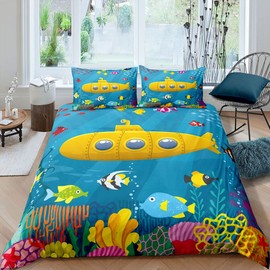 Submarine Duvet Cover Cartoon Yellow Submarine Bedding Set for Kids Boys Girls Underwater World Decor Comforter Cover Cute Sealife Bedspread Cover with 1 Pillowcase 2Pcs Single