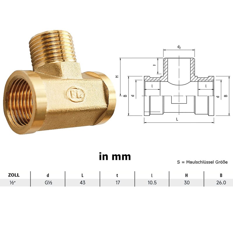 D&DHardware T-Piece Brass 1/2 Inch Female Thread, Threaded Fitting Tee