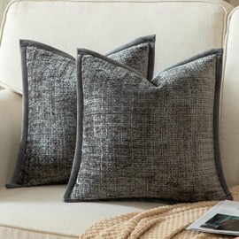YAERTUN Pack of 2 Chenille Textured Decorative Cushion Covers Accent Solid Throw Pillow Covers Soft Cozy Pillow Case with Velvet Back for Couch Sofa Bed Living Room 18x18 Inch 45x45cm Grey