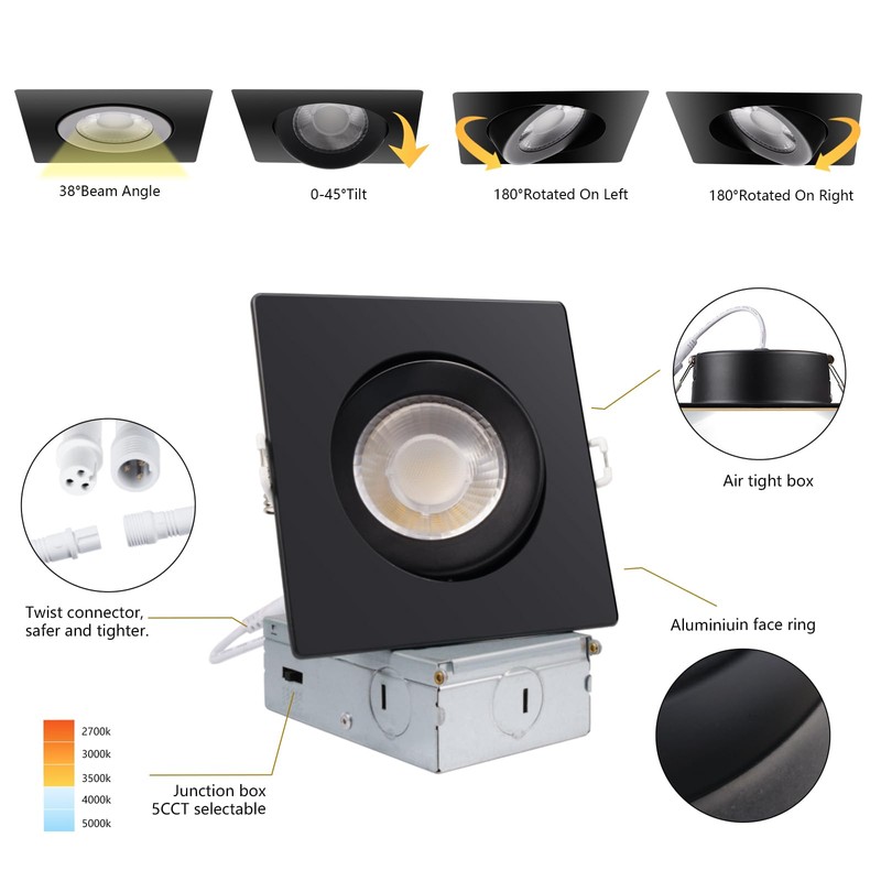 KnLnny Ware Black Recessed Lighting Square 4 inch 6 Pack,Canless