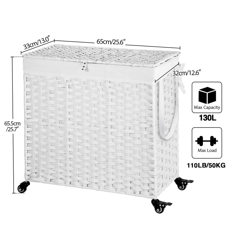 Greenstell Laundry Hamper with Wheels&Lid,130L Large 3 Sections Clothes Hamper