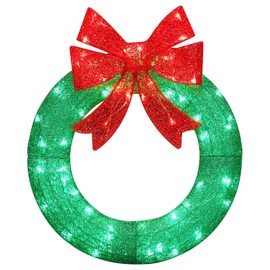 Brightown Lighted Christmas Wreath Decorations - Outdoor Christmas Wreaths Holiday Decor with Bow Ribbon 24in LED Twinkle Lights for Front Door Windows, Xmas Gifts, Party Supplies, Home, Patio