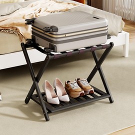 Oakvora Luggage Rack for Guest Room - 1 Pack Full Assembled Luggage Rack Stand for Suitcases, Foldable Luggage Holders with Shoe Shelf, 5 Nylon Straps for Bedroom, Hotel (Black Bamboo Suitcase Stands)