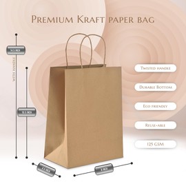 PACKTASTIC 125GSM Medium 8x4.25x10.5 Brown Paper Gift Bags with Twisted Handles | 100 Pcs Bulk Kraft Shopping Bag for Retail Party Favour Bags for Kids Party