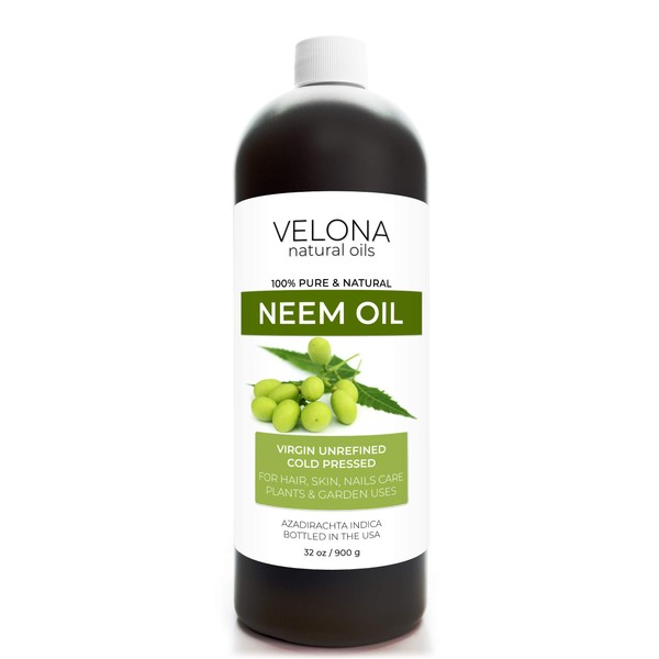 Neem Oil by Velona - 32 oz | 100% Pure and Natural Carrier Oil | Virgin, Unrefined, Cold Pressed | Hair, Body and Skin Care | Use Today - Enjoy Results