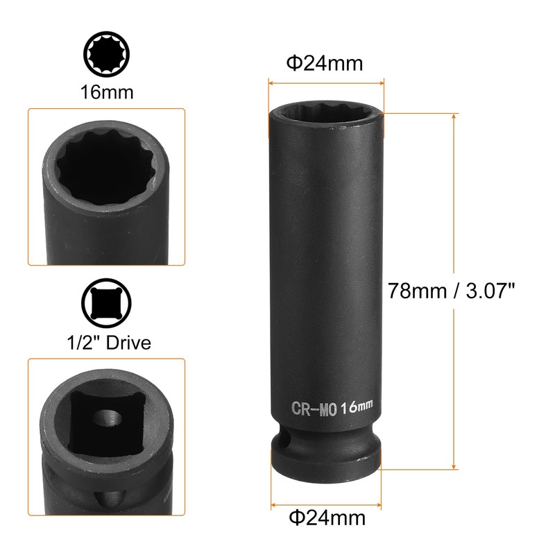HARFINGTON 2Pcs 12-Point Deep Impact Socket 1/2 Inch Drive 16mm