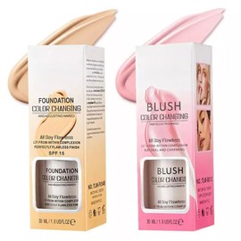 Color Changing Foundation Liquid Base and Color Changing Blush Set, BB Cream Makeup Base with SPF15, Concealer Cover Cream for All Skin Types