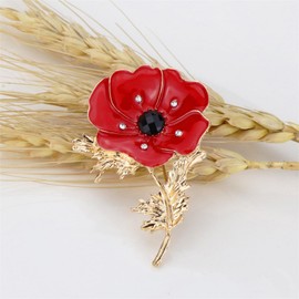 Large Red Poppy Brooch with Rhinestones Gold Plated, Metal