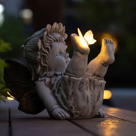 Suyorpe Garden Fairy Outdoor Solar Decor,Fairy Garden,Garden Sculpture,Resin Ornaments for Patio Lawn Yard Porch,Playful Garden Flower Fairy Statues for Outside Angel Gifts,7.91 Inches Tall