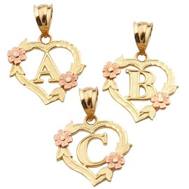LoveBling 10K Yellow Gold Alphabet Initial Charm Necklace Pendant with Beautiful Heart and Rose Border (U)