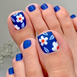 Blue Press on Toenails Spring Glue on Toenails Short Square Fake Toenails Flower Stick on Toenails Cute Toenails Full Cover Acrylic False Toenails Reusable Artificial Toenails Kit for Women Girl 24Pcs