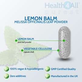 Health4All Lemon Balm 450mg 60 Capsules (V) (not Tablets) Purest- no additives, Vegan. Melissa for Anxiety, Stress and Sleep