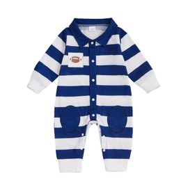 Santikisler Newborn Baby Boy Game Day Outfit Football Romper Long Sleeve Lapel Polo Jumpsuit Striped Bodysuit Clothes Fall (Blue, 0-3 Months)
