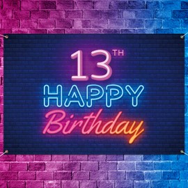 Glow Neon Happy 13th Birthday Backdrop Banner Decor Black Colorful Glowing 13 Years Old Birthday Party Theme Decorations for Boys Girls Supplies