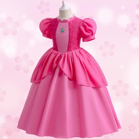 Formemory Princess Peach Dress, Children, Princess, Cosplay, Dress, Princess, Costume, Recital, Dress, Crown, Gloves, Magic Wand, Accessories, Luxurious 8-Piece Set, Kids, Girls, Halloween, Birthday Parties, Recitals, Performances, School Festivals (110)