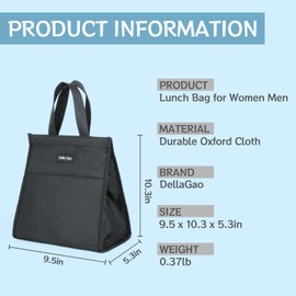 Della Gao Insulated Lunch Bag for Women Men, Waterproof Small Lunch Tote Lunch Box, Reusable Lunch Bags for Work, Party, Travel and Picnic (Black)