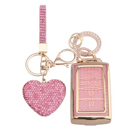 Vicoca for Jeep Key fob Cover with Diamond Heart Keychain, Car Accessories TPU for 2021-2024 Jeep Grand Cherokee L Grand Wagoneer L Wagoneer Grand Cherokee L, Gold Pink