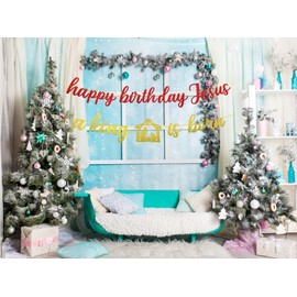 Happy Birthday Jesus Banner A King is Born Banner Decorations, Christian Christmas Jesus Birthday Party Decorations, Christmas Jesus Decorations, Christmas Holiday Decorations (Pre-assembled)