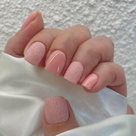 Glitter Nude Pink Press on Nails Short Square Sparkly Fake Nails Glossy Solid Color False Nails Full Cover Stick on Nails Acrylic Artificial Nails Glue on Nails for Women &Girls Nail Decorations 24Pcs