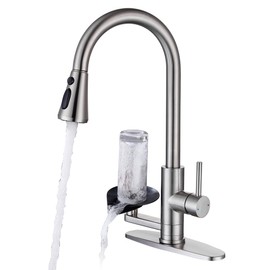 HAMOLER Kitchen Faucet with Glass Rinser Single Handle Pull Down Kitchen Sink Faucet with Cup Washer 1 or 3 Hole Glass Rinser Faucet for Kitchen Sink, Brushed Nickel