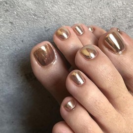 Chrome Glazed Bronze Press on Toenails for Women, Aurora Fake Toenail Press ons Short Square Acrylic Press on Toe Nails, Reusable Brown Toenails Glue on Natural Seamless Fit, 24Pcs Glue Toenails