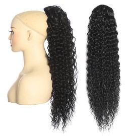 BALINGHAIR Deep Wave Ponytail Extension for Women 12 Inch Black Curly Wavy Ponytail Hair Extensions Drawstring with Clips Short Synthetic Hairpiece for Daily and Party