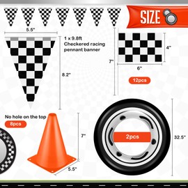 Race Car Party Birthday Supplies, 2x16ft Racetrack Floor Running Mat, Racetrack Tablecloth, Checkered Pennant Banner, 12 Checkered Flags with Sticks, 8 Mini Orange Traffic Cones for Racing Party Decor
