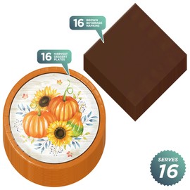 Orange Pumpkin Sunflower Harvest Paper Dessert Plates and Chocolate Brown Beverage Napkins (16 Plates & Napkins)