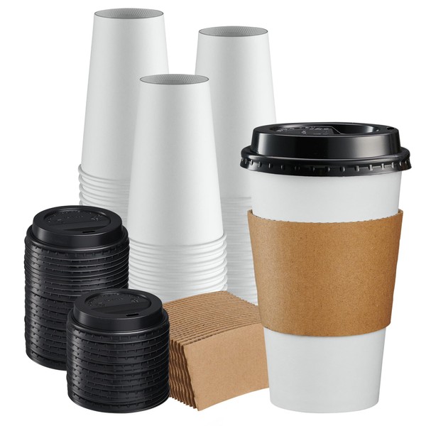 Comfy Package [100 Sets - 16 oz.] Disposable Coffee Cups with Lids, Sleeves, Stirrers - To Go Paper Hot Cups