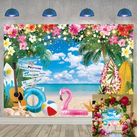 Summer Hawaiian Beach Backdrop Tropical Flowers Blue Sky Ocean Luau Palm Trees Surfboard Flamingo Photography Background Aloha Holiday Birthday Decorations Background (8x6FT: 96x72 inch)