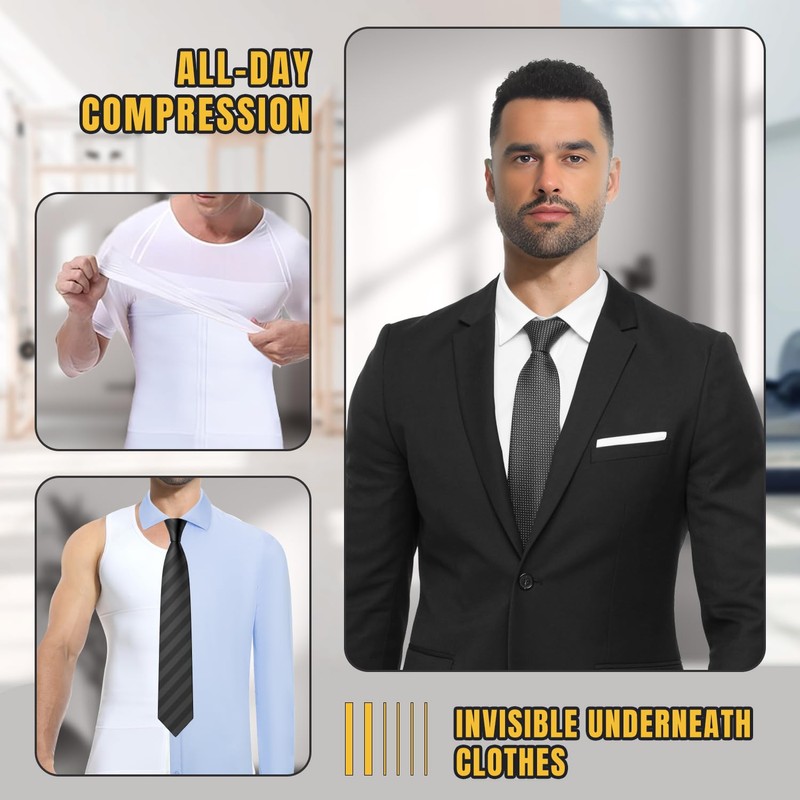 PODFAN Mens Compression Shirt Zipper, Gynecomastia Tummy Control Vest, Back