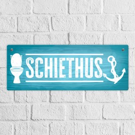 Schiethus Flat German Metal Sign for the Toilet in Blue Tin Sign in Wood Look with Funny Saying for the Toilet in Dialect Frisian Toilet Decoration North German