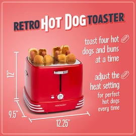 Nostalgia 4 Slot Hot Dog and Bun Toaster with Mini Tongs, Hot Dog Toaster Works with Chicken, Turkey, Veggie Links, Sausages and Brats, Metallic Red
