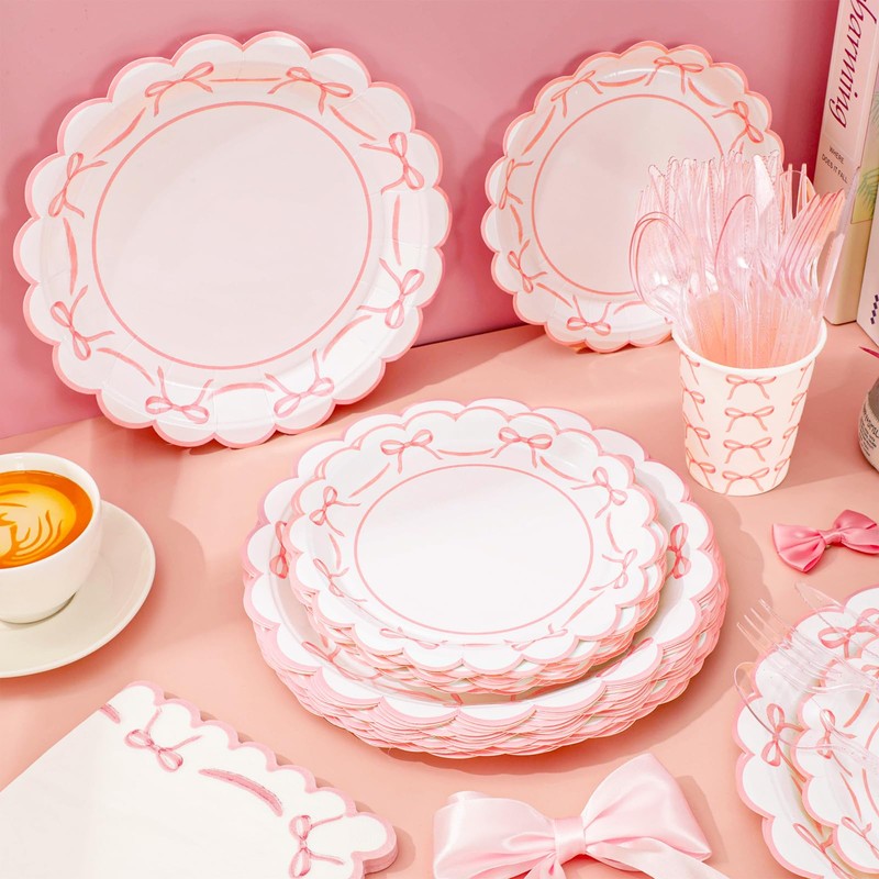 JarThenaAMCS 175Pcs Pink Bow Party Supplies Kit Scalloped Bowknot Tableware