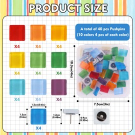 Vuzvuv Acrylic Colorful Square Decorative Push pins for Bulletin Cork Board,Cute Thumbtacks Small Tile Pins for Home School, Office(40 Pcs)