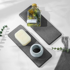 Razborci 2PCS Bathroom Trays, Water Absorbing Diatomite Stone Quick Drying Mat for Kitchen Counter, Dish Rack Soap Dispenser Sponge Holder Caddy Sink Vanity Organizer, Dark Gray Slate,9"x3.5"