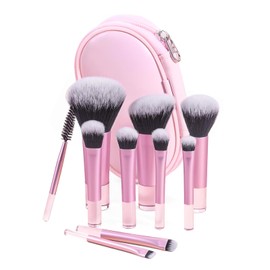 Kingtree Mini Makeup Brushes 10Pcs Travel Makeup Brush Set, Portable ON THE GO Makeup Brushes Set with Pouch, Pink Easy-taken Mini Full Complete Function Cosmetic Brushes Kit for Girls