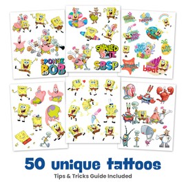 Savvi - 50 SpongeBob Temporary Tattoos: Skin-Safe Ink, Great for Birthday Parties, Gifts for Boys and Girls Ages 4-12+, Made in the USA [6 sheets, 50 count]