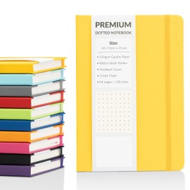 Bullet Journal A5 Dotted Notebook with Faux Leather Hardback Cover and Premium 120gsm Thick Dot Grid Paper (128 Cream Pages, Yellow)