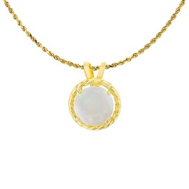 Solid 10K Yellow Gold 6mm Round Genuine Opal October Birthstone with Rope Frame Rabbit Ear 18" Rope Chain Necklace | 10K Gold Opal Necklace For Women
