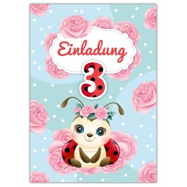 Junapack 12 Invitation Cards with 12 Envelopes for 3rd Children's Birthday Girl Ladybird