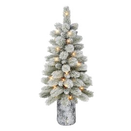 3.5 ft B/O Potted Flocked Norwegian Pine Tree, 91 Tips, 50 Warm White LED Lights (3 x AA Batteries not Included), 6/18 Hours On/Off Timer Function