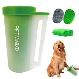 PETMIMIXD Dog Paw Cleaner Brush with Handle, Green, Large (for Medium Large Breed Dogs, Includes 2 Absorbent Towels & 2 Adjustable Dog Bath Brushes for Short and Long Hair Pet)