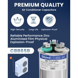 2025 Upgrade CBB65B 45/7.5uF 370/440V A/C Capacitor Round Dual Run Capacitor for Heat Pump, Condenser Fan, Air Conditioner, HVAC by Sikawai